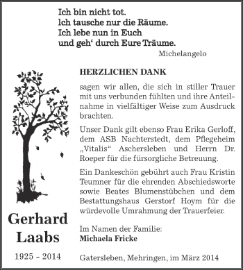 Traueranzeige von Gerhard Laabs von Super Sonntag Aschersleben