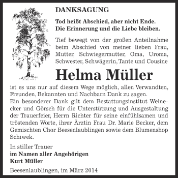 Traueranzeige von Helma Müller von Super Sonntag Bernburg