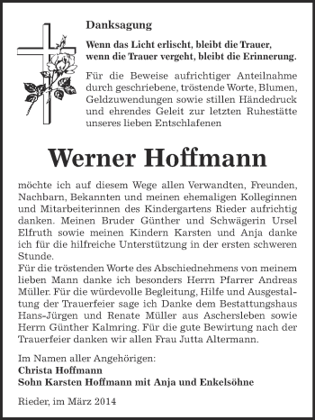 Traueranzeige von Werner Hoffmann von Super Sonntag Aschersleben