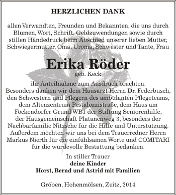 Traueranzeige von Erika Röder von Super Sonntag Zeitz