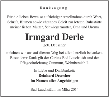 Traueranzeige von Irmgard Derle von WVG - Wochenspiegel Merseburg