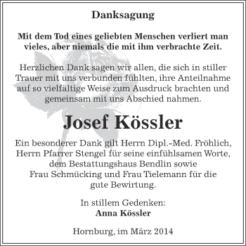 Traueranzeige von Josef Kössler von Super Sonntag SGH Mansf. Land