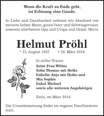 Traueranzeige von Helmut Pröhl von Super Sonntag Zeitz