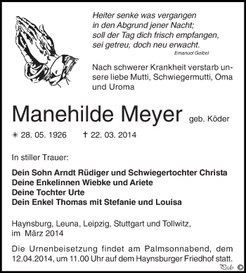 Traueranzeige von Manehilde Meyer von Super Sonntag Zeitz