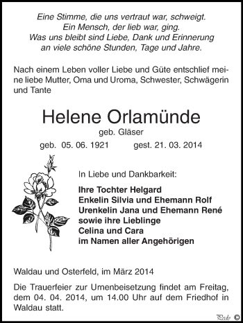 Traueranzeige von Helene Orlamünde von Super Sonntag Zeitz