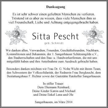 Traueranzeige von Sitta Pescht von Super Sonntag SGH Mansf. Land