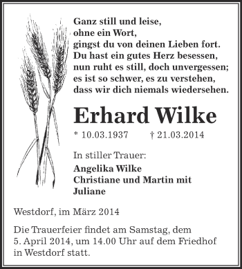 Traueranzeige von Erhard Wilke von Super Sonntag Aschersleben