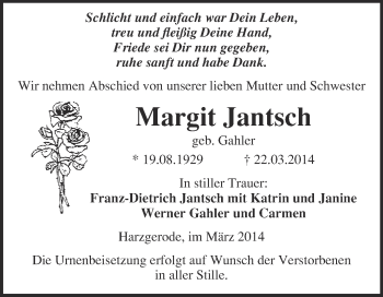 Traueranzeige von Margit Jantsch von WVG - Wochenspiegel Quedlinburg