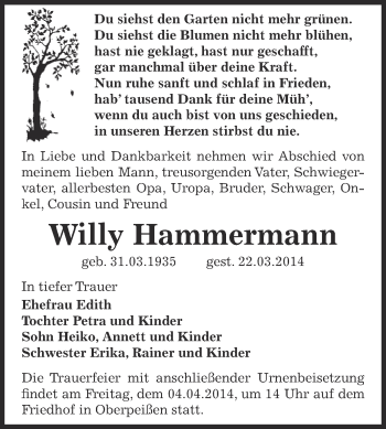 Traueranzeige von Willy Hammermann von Super Sonntag Bernburg