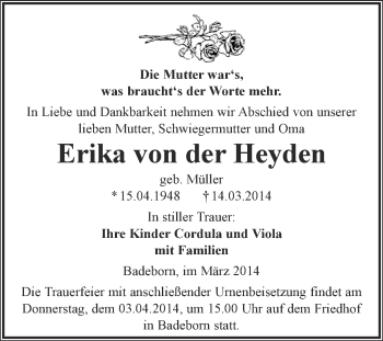Traueranzeige von Erika von der Heyden von WVG - Wochenspiegel Quedlinburg