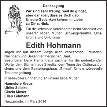 Traueranzeige von Edith Hohmann von Super Sonntag Quedlinburg