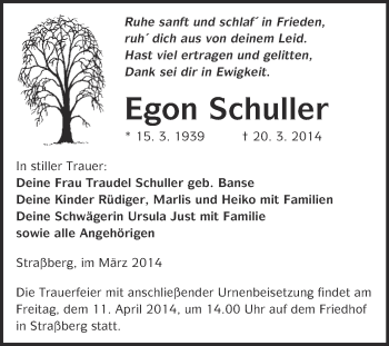 Traueranzeige von Egon Schuller von WVG - Wochenspiegel Quedlinburg