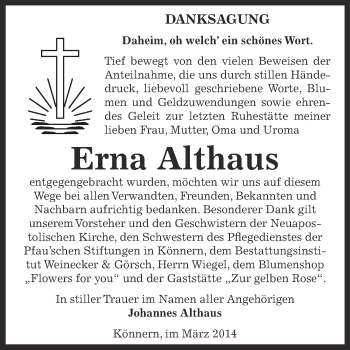 Traueranzeige von Erna Althaus von Super Sonntag Bernburg