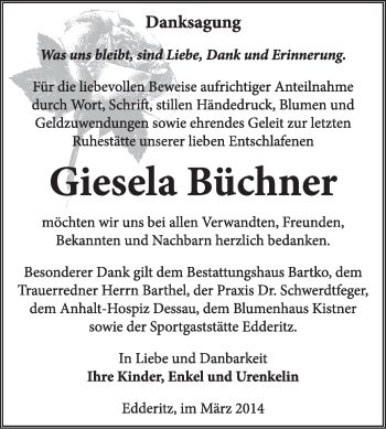 Traueranzeige von Giesela Büchner von Super Sonntag Dessau / Köthen