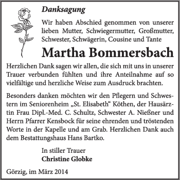 Traueranzeige von Martha Bommersbach von Super Sonntag Dessau / Köthen