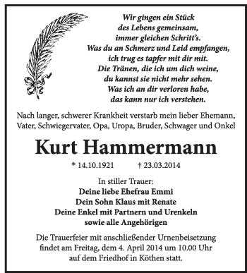 Traueranzeige von Kurt Hammermann von Super Sonntag Dessau / Köthen