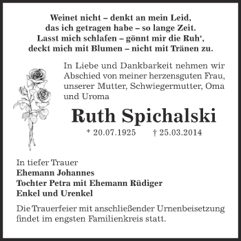 Traueranzeige von Ruth Spichalski von Super Sonntag Bernburg