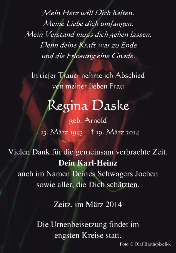 Traueranzeige von Regina Daske von Super Sonntag Zeitz