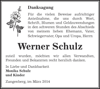 Traueranzeige von Werner Schulz von Super Sonntag Zeitz