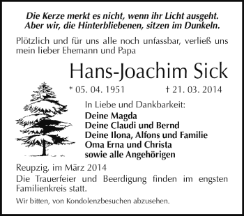 Traueranzeige von Hans-Joachim Sick von Super Sonntag Dessau / Köthen