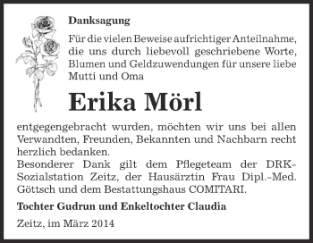 Traueranzeige von Erika Mörl von Super Sonntag Zeitz