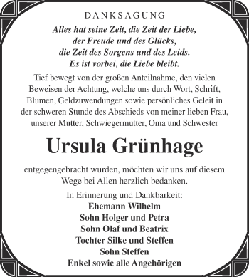 Traueranzeige von Ursula Grünhage von WVG - Wochenspiegel Merseburg