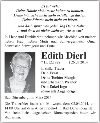 Traueranzeige von Edith Dierl von Super Sonntag Merseburg