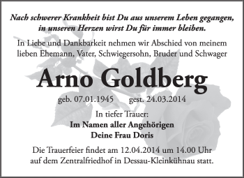 Traueranzeige von Arno Goldberg von Super Sonntag Dessau / Köthen