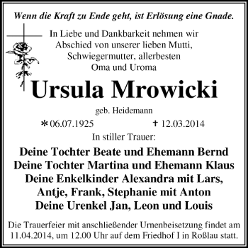 Traueranzeige von Ursula Mrowicki von Super Sonntag Dessau / Köthen