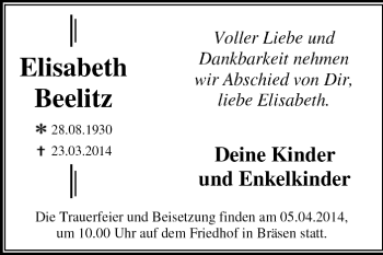 Traueranzeige von Elisabeth Beelitz von Super Sonntag Dessau / Köthen
