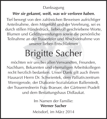 Traueranzeige von Brigitte Sacher von WVG - Wochenspiegel Quedlinburg