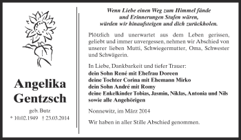Traueranzeige von Angelika Gentzsch von Super Sonntag Zeitz