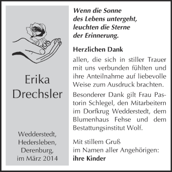 Traueranzeige von Erika Drechsler von Super Sonntag Quedlinburg