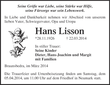 Traueranzeige von Hans Lisson von WVG - Wochenspiegel Merseburg