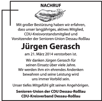 Traueranzeige von Jürgen Gerasch von Super Sonntag Dessau / Köthen