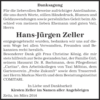Traueranzeige von Hans-Jürgen Zeller von Super Sonntag Zeitz