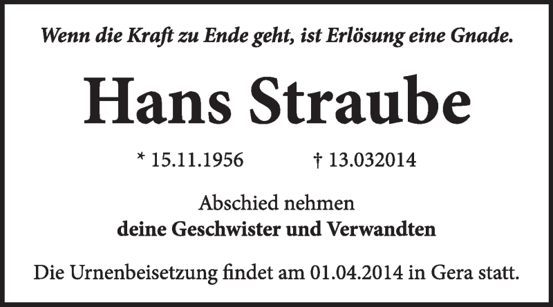  Traueranzeige für Hans Straube vom 30.03.2014 aus Super Sonntag Wittenberg