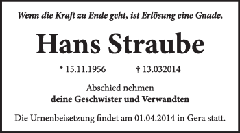 Traueranzeige von Hans Straube von Super Sonntag Wittenberg