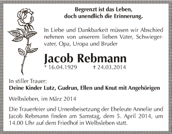 Traueranzeige von Jacob Rebmann von Super Sonntag SGH Mansf. Land