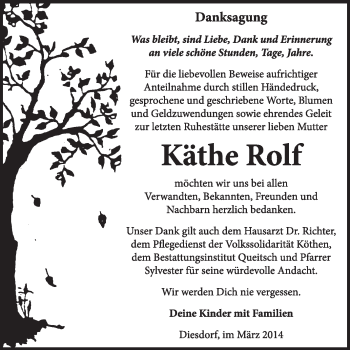 Traueranzeige von Käthe Rolf von Super Sonntag Dessau / Köthen