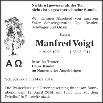 Traueranzeige von Manfred Voigt von Super Sonntag Zeitz