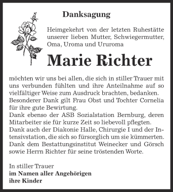 Traueranzeige von Marie Richter von Super Sonntag Bernburg