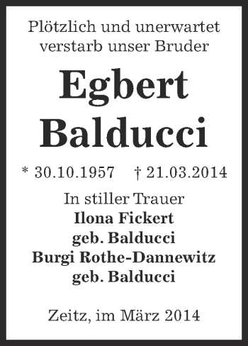 Traueranzeige von Egbert Balducci von Super Sonntag Zeitz