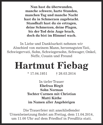 Traueranzeige von Hartmut Fiebag von Super Sonntag Bernburg