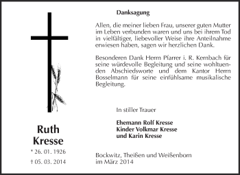 Traueranzeige von Ruth Kresse von Super Sonntag Zeitz