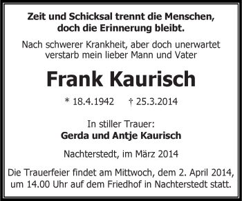 Traueranzeige von Frank Kaurisch von Super Sonntag Aschersleben