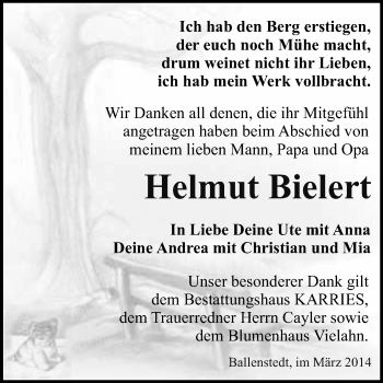 Traueranzeige von Helmut Bielert von WVG - Wochenspiegel Quedlinburg