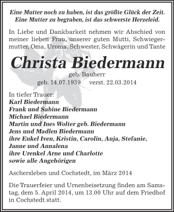 Traueranzeige von Christa Biedermann von Super Sonntag Aschersleben