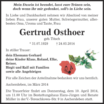 Traueranzeige von Gertrud Osthoer von Super Sonntag Aschersleben
