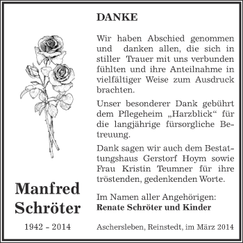 Traueranzeige von Manfred Schröter von Super Sonntag Aschersleben